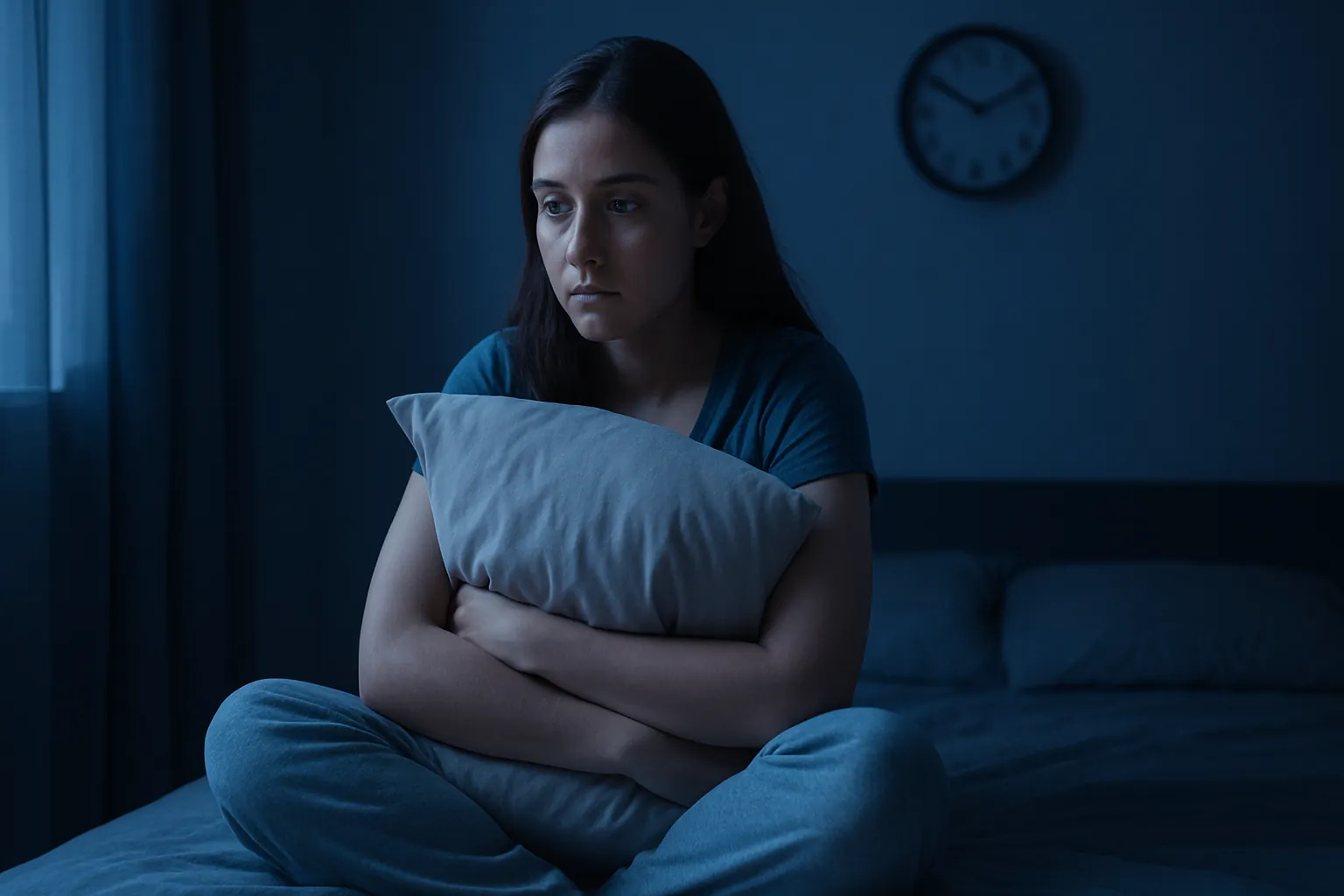 Mulher com insônia sentada na cama durante a noite, representando a ansiedade noturna.
