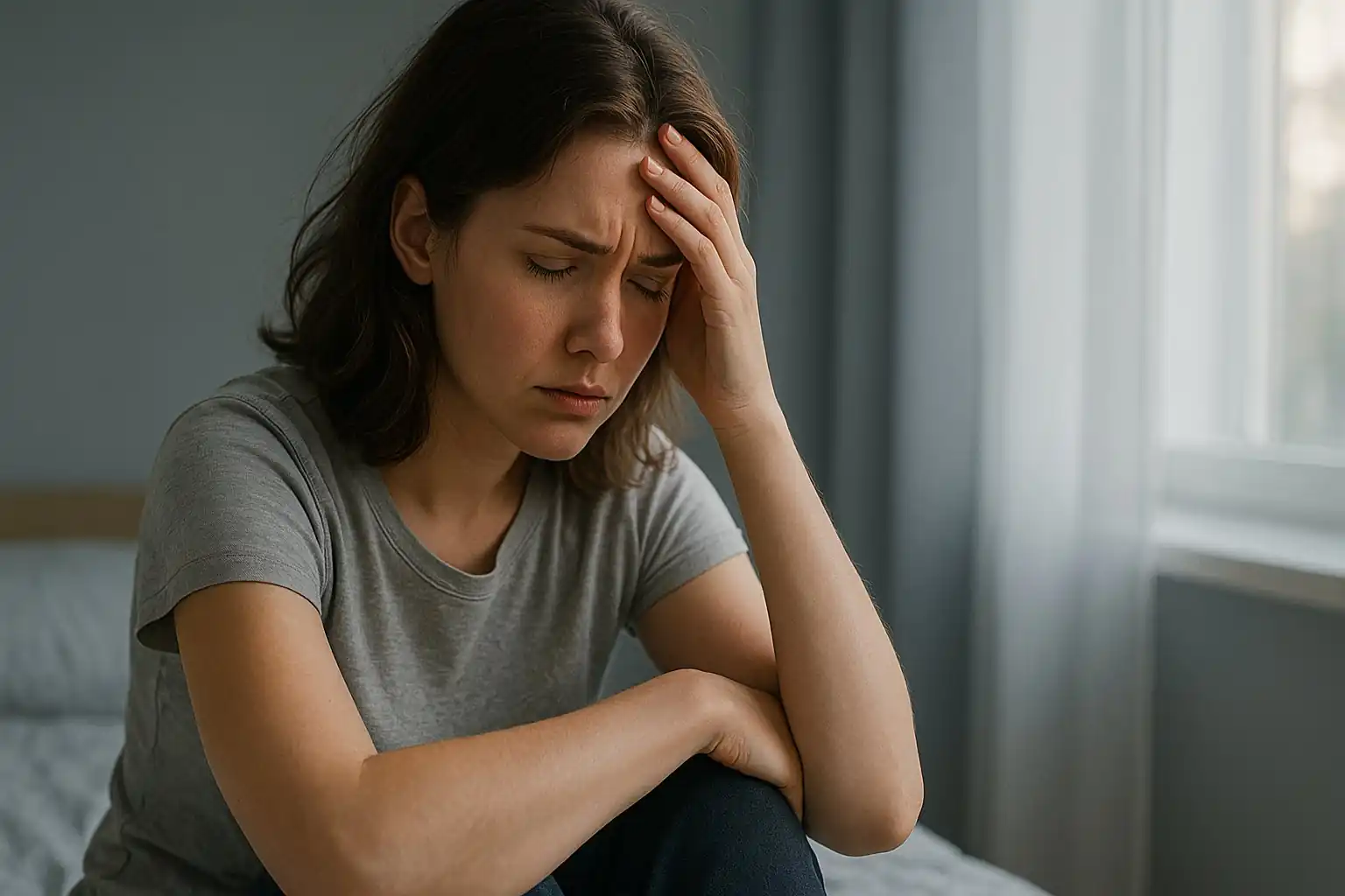 Mulher jovem demonstrando sinais de ansiedade emocional, com expressão preocupada e postura retraída, representando os sintomas mais comuns do transtorno.