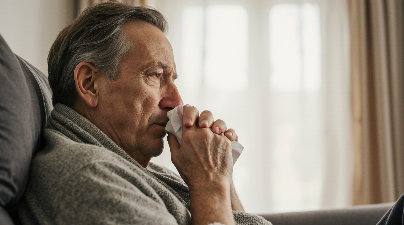 homem gripado segurando um lenço com expressão de mal-estar