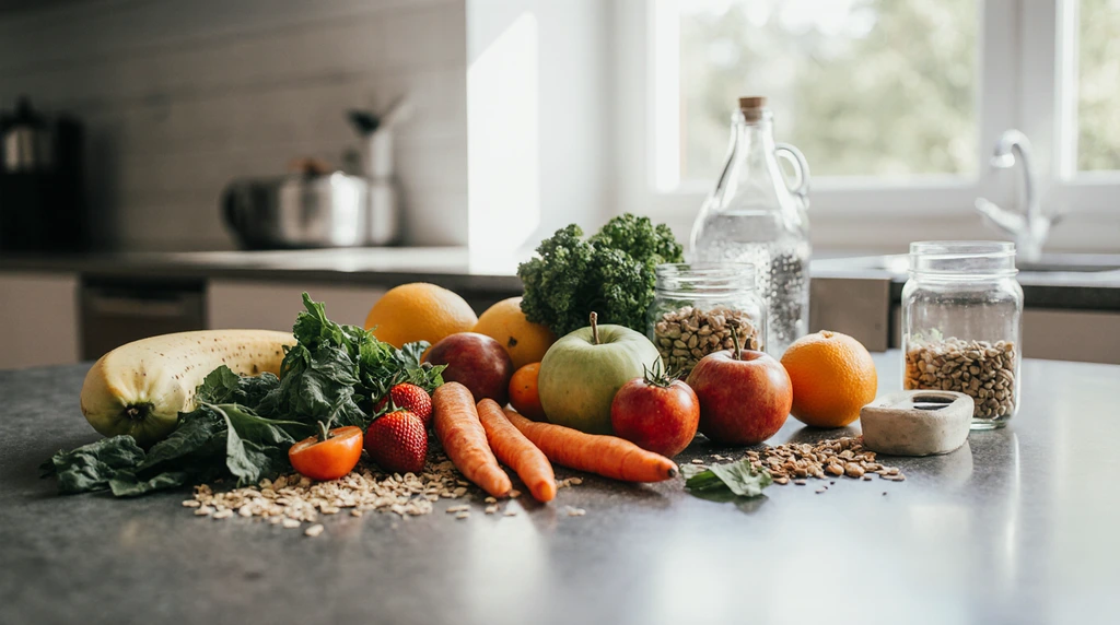 Mesa com alimentos naturais variados, incluindo frutas, legumes e grãos, promovendo alimentação equilibrada.
