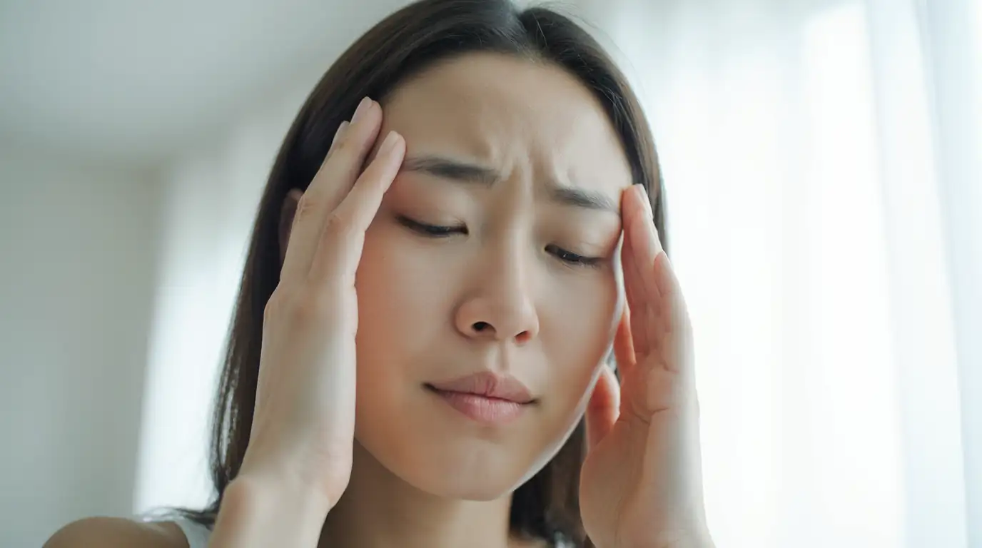 Mulher com dor de cabeça avaliando sintomas de gripe, resfriado ou Covid