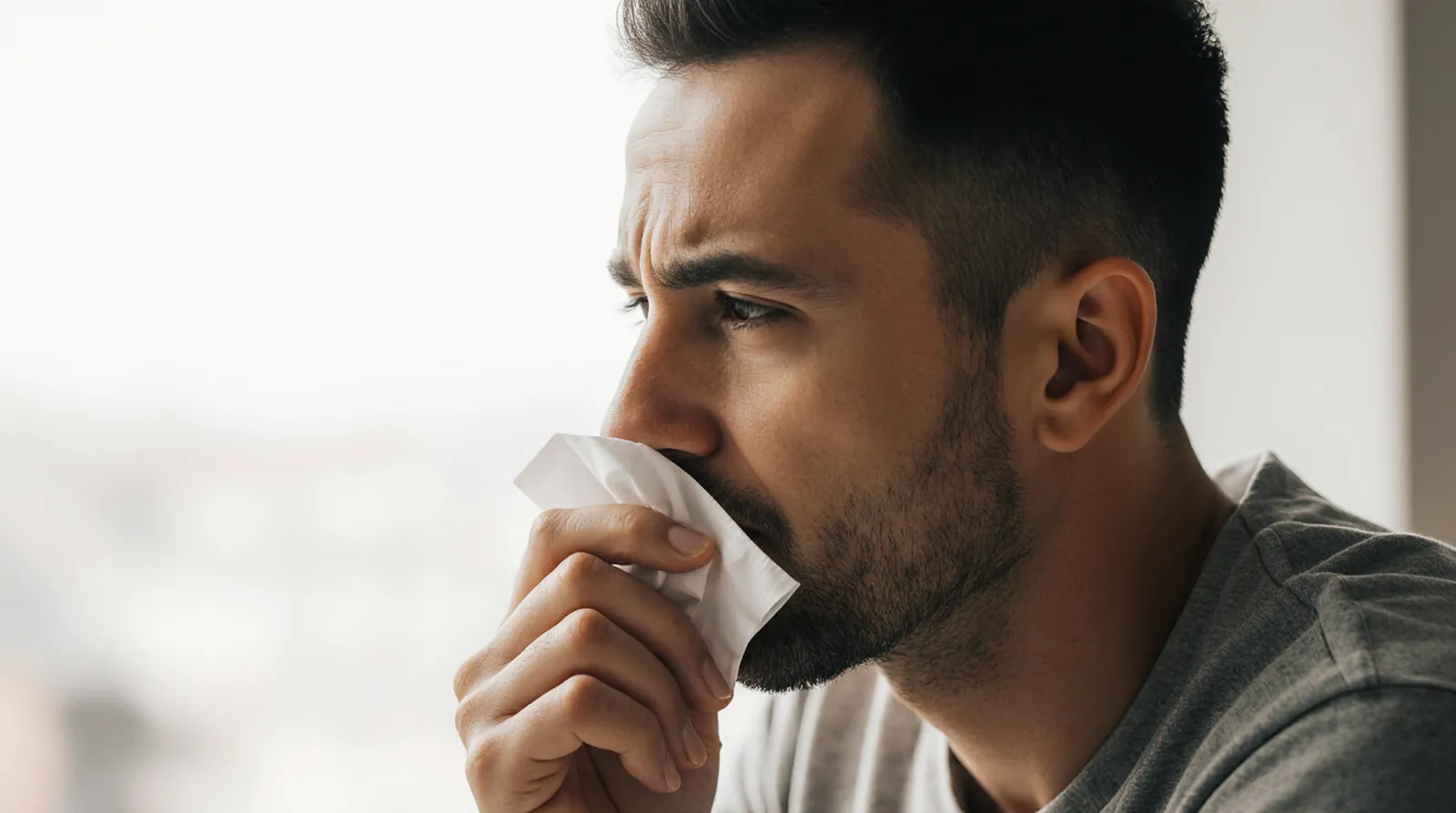 Homem segurando um lenço no rosto, com expressão de dúvida sobre sintomas de gripe ou alergia.