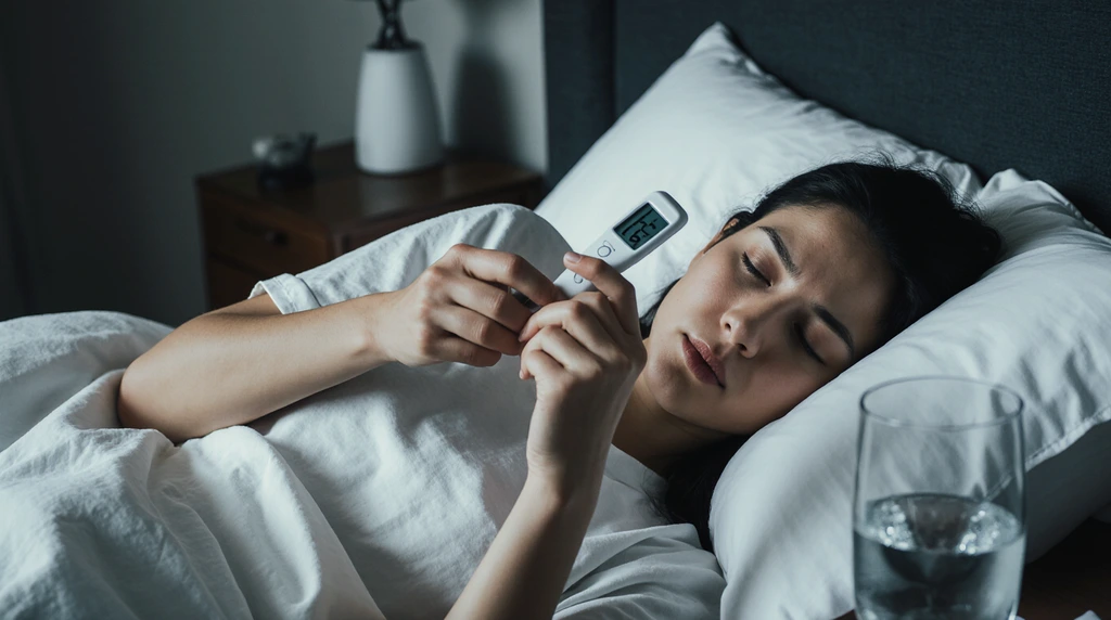 quanto tempo dura a gripe mulher verificando a febre com termômetro na cama