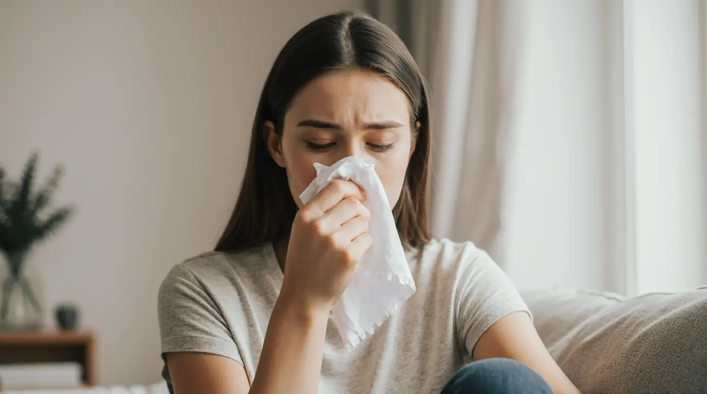 Mulher com sinais iniciais da gripe segurando lenço no rosto